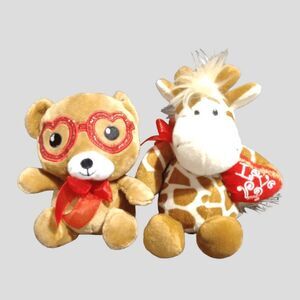 2 Plush Stuffed Animal Toys Bear and Giraffe Valentine's Day Love Plushland